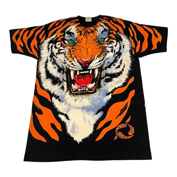 Vintage Liquid Blue Tiger Shirt‎ XL 1995 90s All Over Print AOP Double Sided USA - Picture 1 of 15